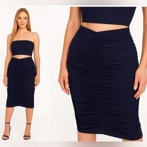 SUSANA MONACO Ruched Midi Skirt Midnight Blue Stretch Jersey High Waist XS NEW